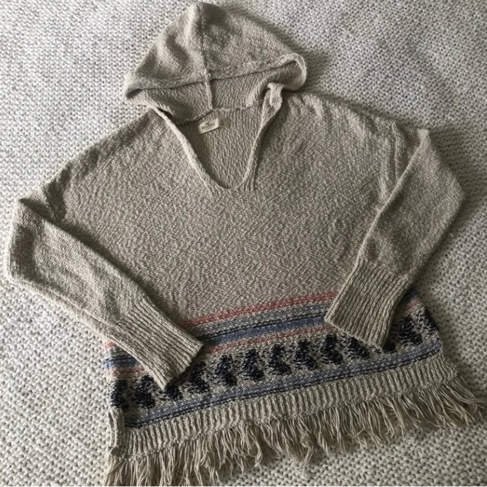 Beige Hollister Hooded Sweater with Fringe
